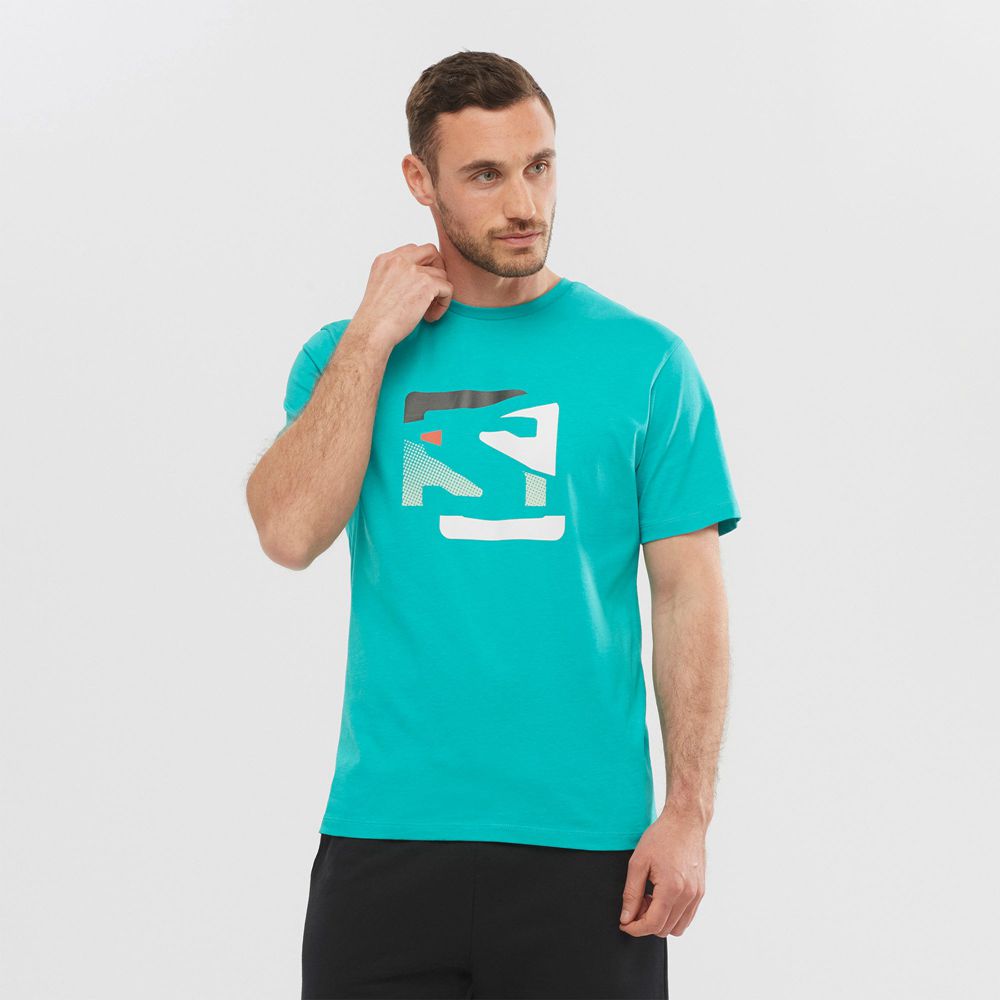 Salomon Singapore Mens T-shirts - OUTLIFE GRAPHIC DISRUPTED LOGO SS M Turquoise | 71409-REQA